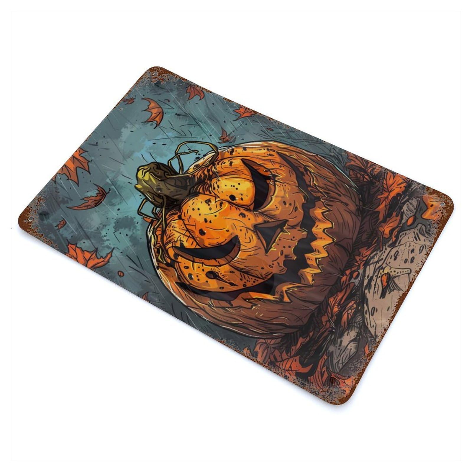 Evil Pumpkin Illustration 11.8"x7.9" Vintage Rust Metal Sign, Decorative Metal Wall Art for Living Room, Hallway And Home Decor