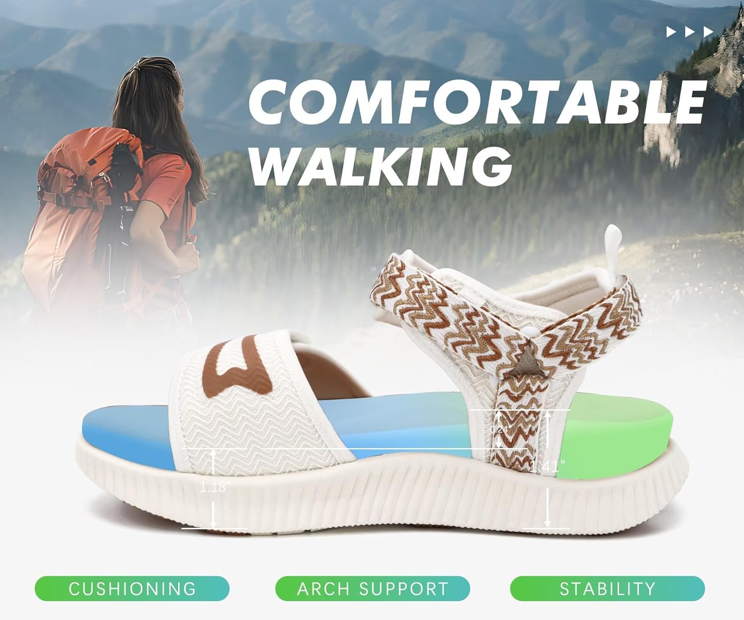 KuaiLu Womens Orthopedic Walking Sandals Ladies Recovery Sport Thick Athletic Cushion Outdoor Hiking Water Sandles Adjustable Strap Sandals with Comfortable Plantar Fasciitis Arch Support
