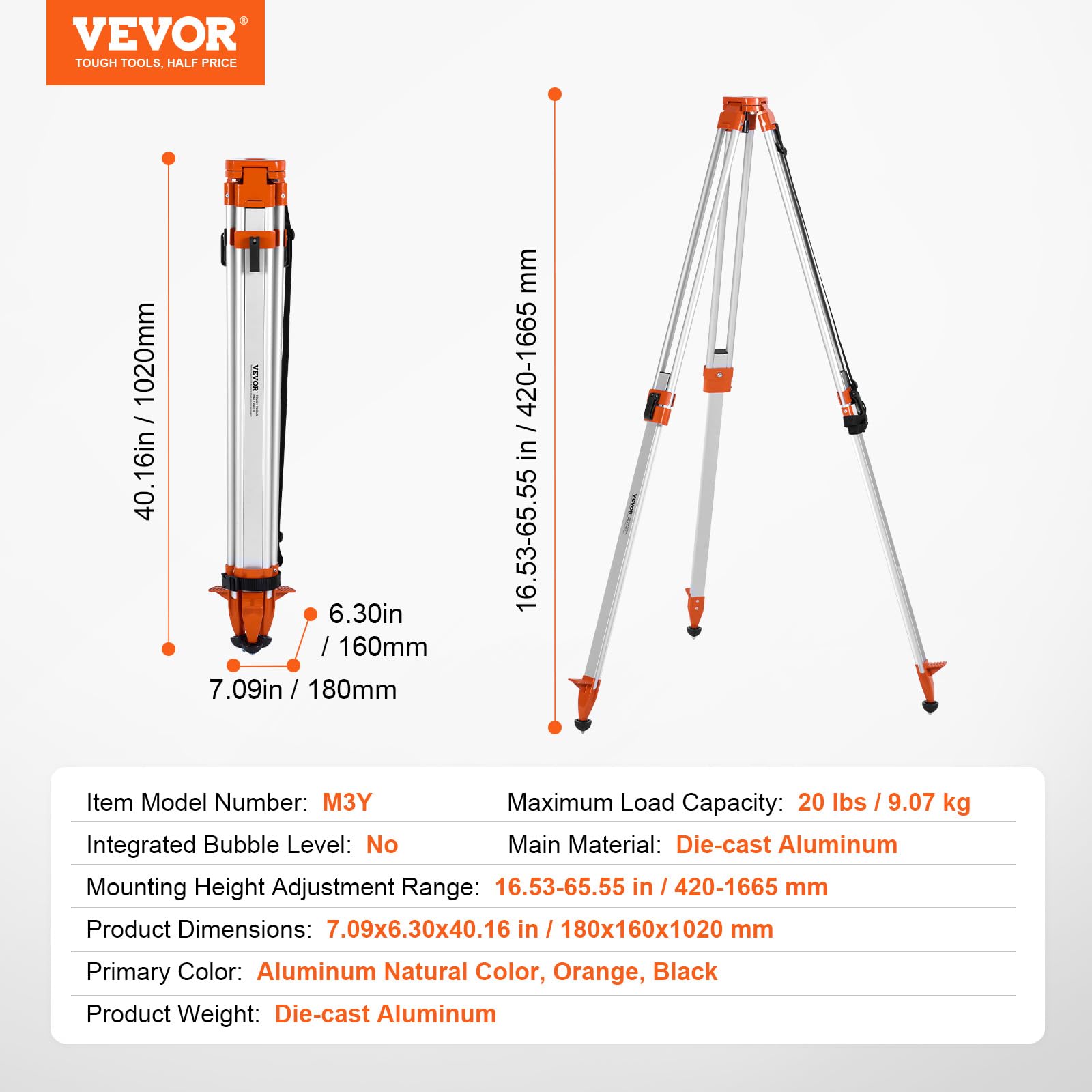 VEVOR Laser Level Tripod Stand 5 8-11 Thread Mount 16 53-65 55 inch Height Adjustment Heavy Duty Survey — view 7