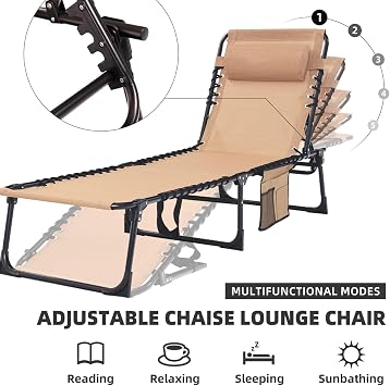 Folding Lounge Chair Bed Set of 2 - Heavy Duty 400 lb Capacity Portable Adjustable Recliner with Pillow for Patio, Pool, Camping and Sunbathing - Lay Flat Design Beige