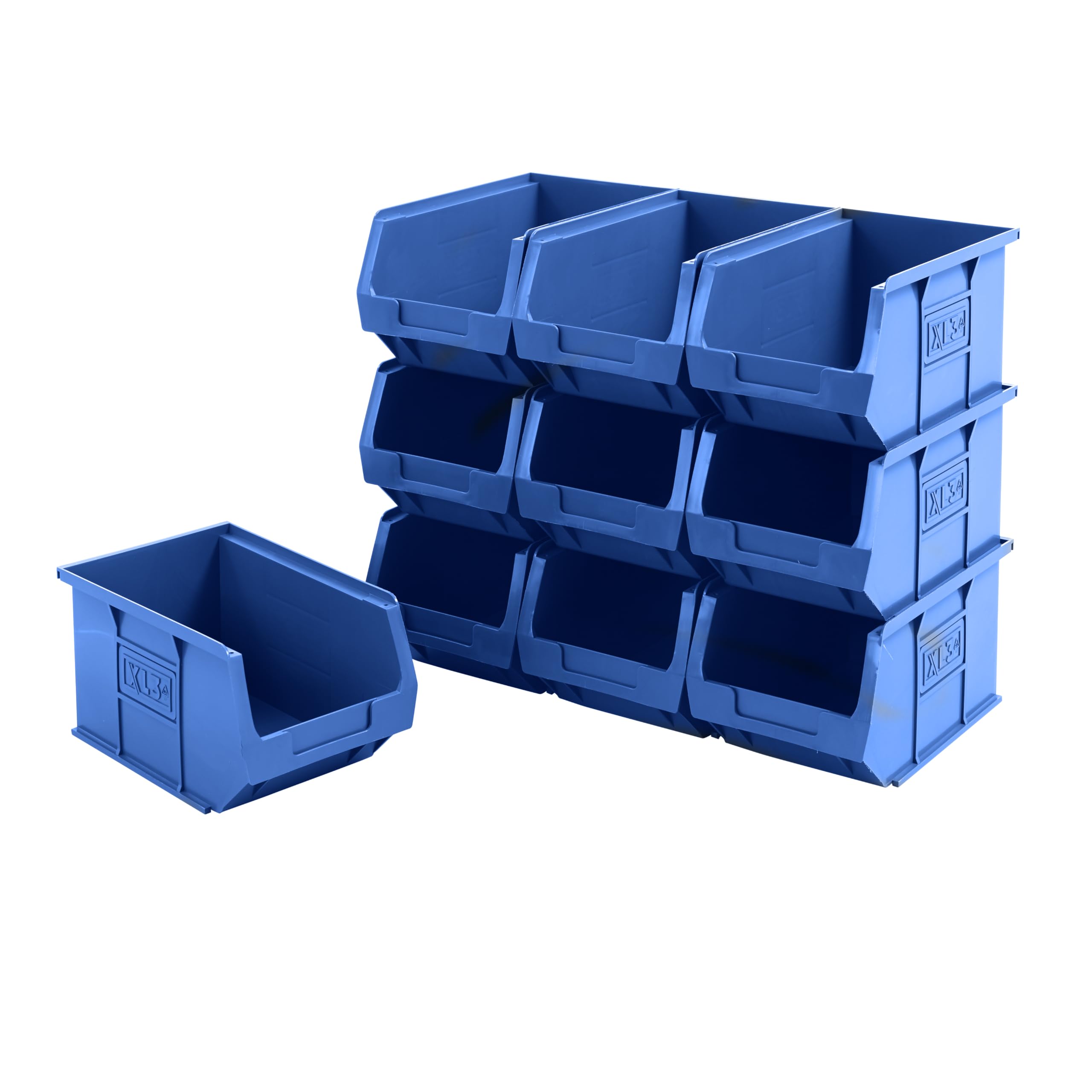 BiGDUG Plastic Parts Bins - Stackable or Wall Mounted Storage Boxes Garage Organiser - Pack of 10 - 125H x 150W x 240D mm - Blue