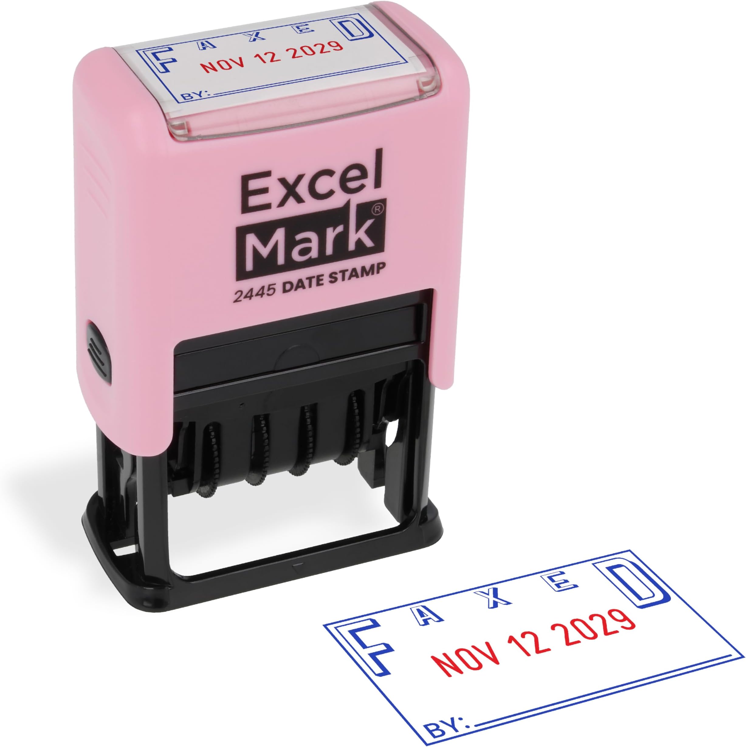 ExcelMark 2445 Date Stamp with Text - Blue and Red Ink (Pink Mount, Faxed)