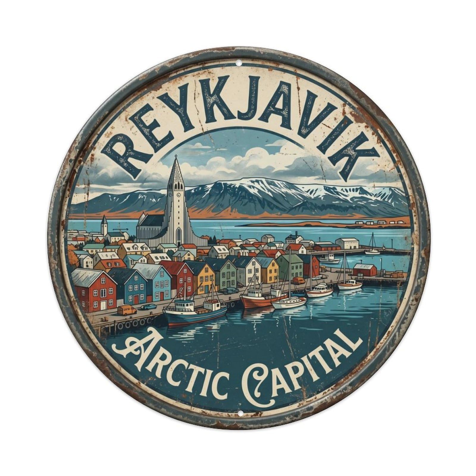 Vintage Travel Reykjavik Harbor Mountains Metal Tin Sign Plaque Wall Decor for Cafe, Club, Garden Round Metal Poster 8x8Inch