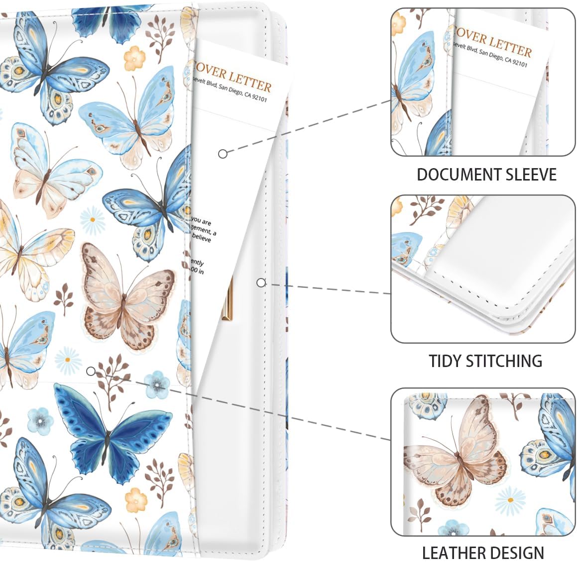 Padfolio/Resume Portfolio Folder for Women Men, WAVEYU Cute Chic Padfolio Cover Folder, Conference/Legal Document Organizer with Letter/A4 Size Clipboard, Document Sleeve, Butterfly
