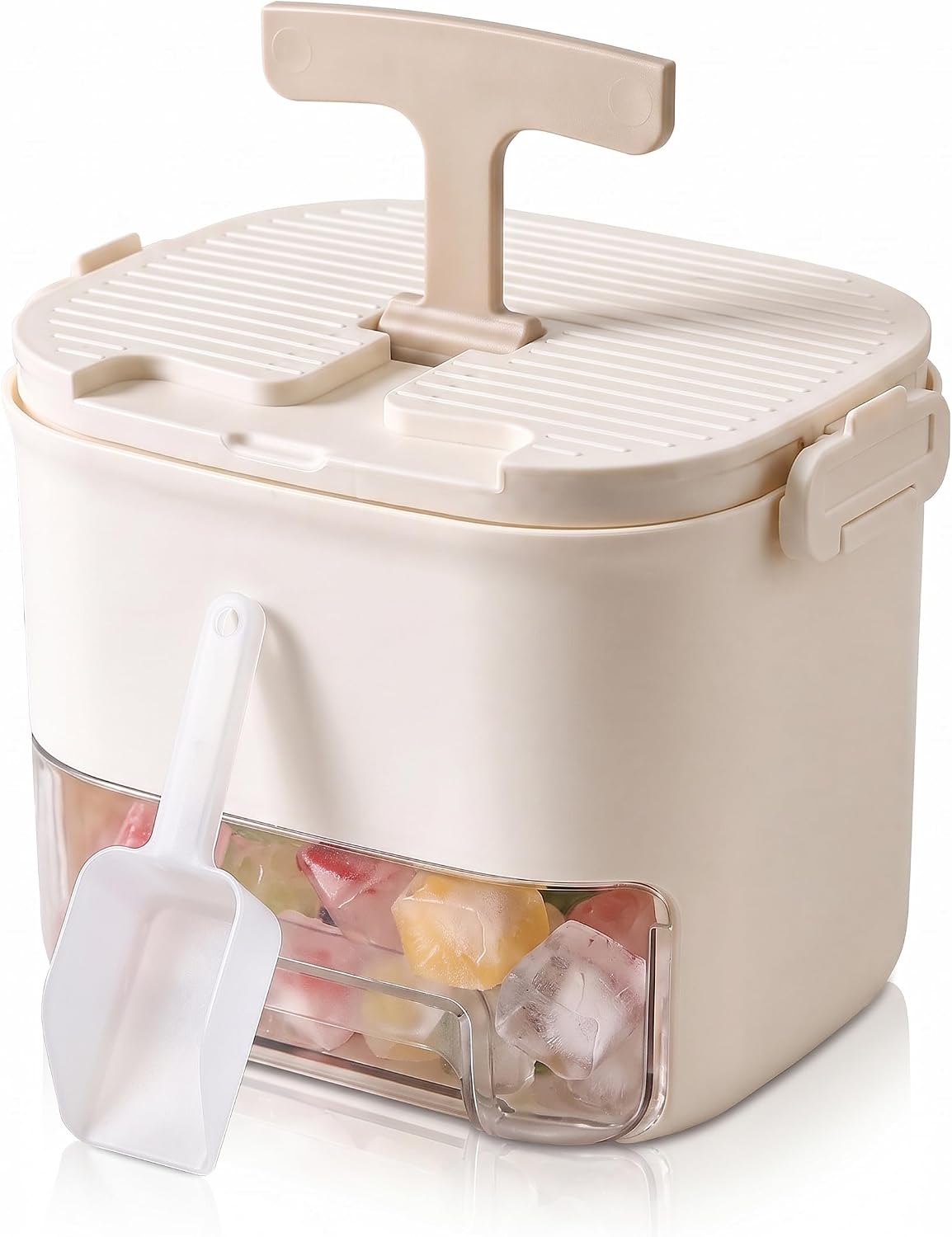 Ice Cube Tray with Storage Bin, One-Press 52-Grid, Beige