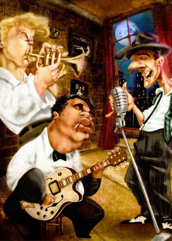 TELA-CON-AMERICAN-BOX Band Jazz Club Alvez A. - Umorismo verticale Stampa artistica Musicisti Jazz Musica Luna Cornice galleggiante 31_X_22_in