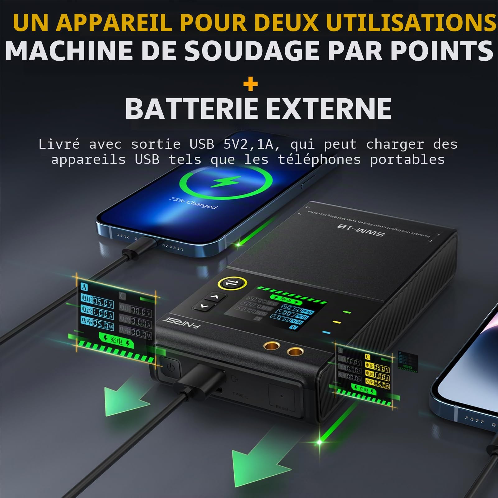 Soudeuse Par Point,Machine à Souder à Points 5000mah Li Soudeuse à Points avec Batterie Multiprotection Amovible Mini Soudeur à Points Pour Nickel de 0,25 mm,Fer Acier TôLe D'Aluminium de 0,3 mm