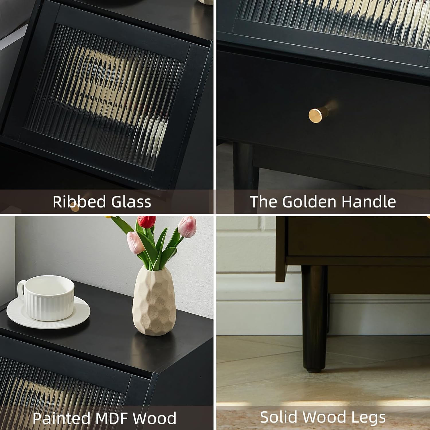 TUKAILAi Modern Nightstands with LED Light, Bedside Table with Fluted Glass Door & Drawer Storage, Painted Wooden Side End Table for Bedroom (Black)