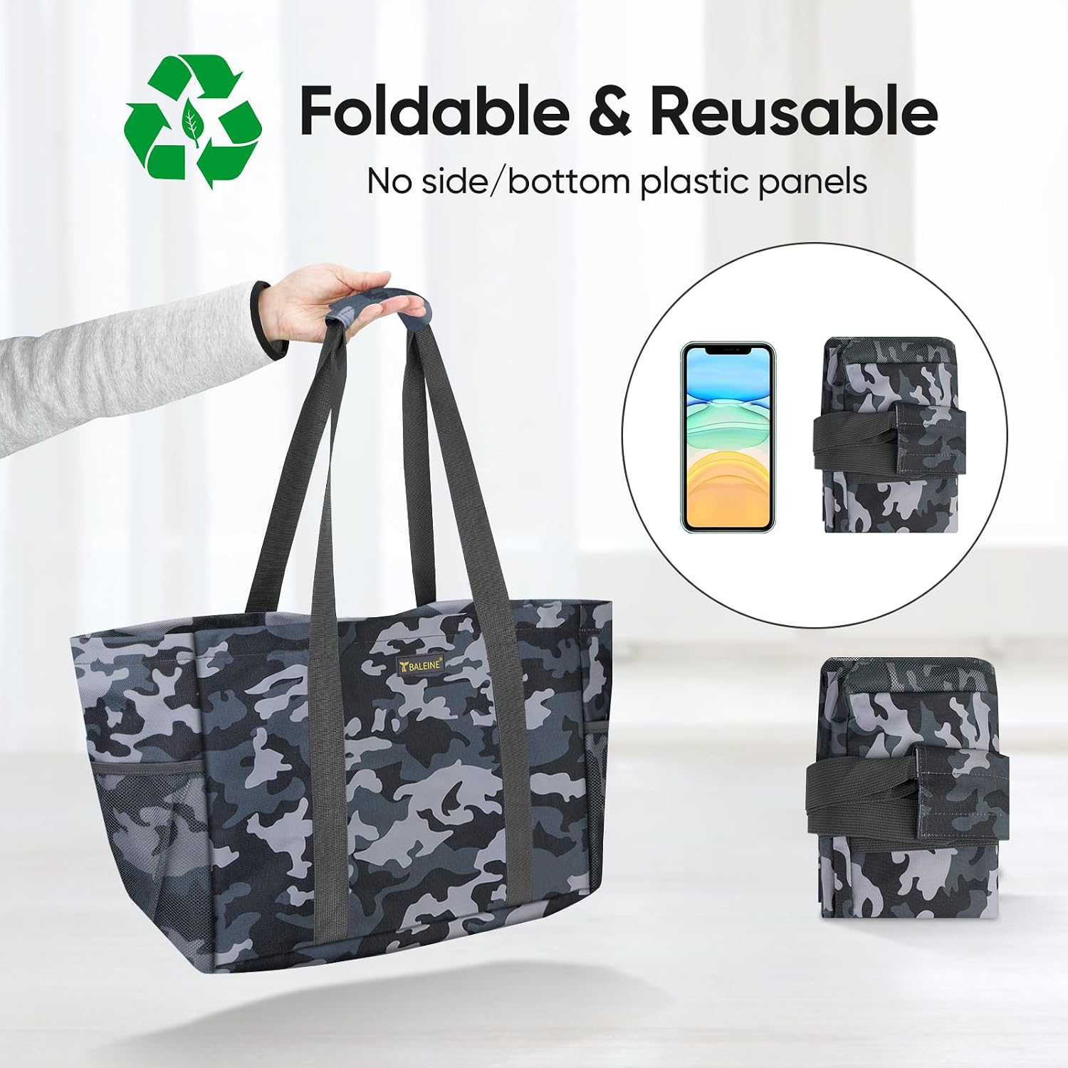 BALEINE Soft 9 Gallon Extra Large Utility Tote, Foldable Reusable Storage Bag (Grey Camouflage) image 3