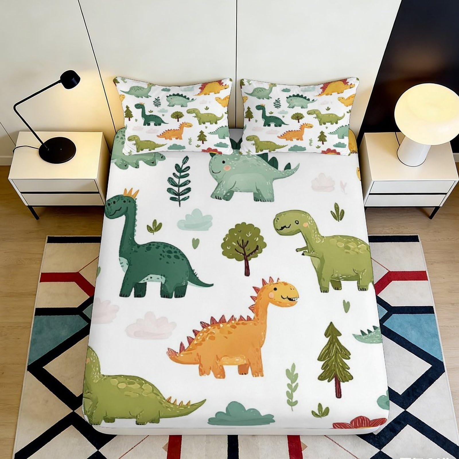 3D Printed Dinosaur Pattern Fitted Sheet Microfiber Soft Breathable Cartoon Animal Bed Cover for Bedroom Dormitory Guest Room Mattress Protection 90x200x25cm