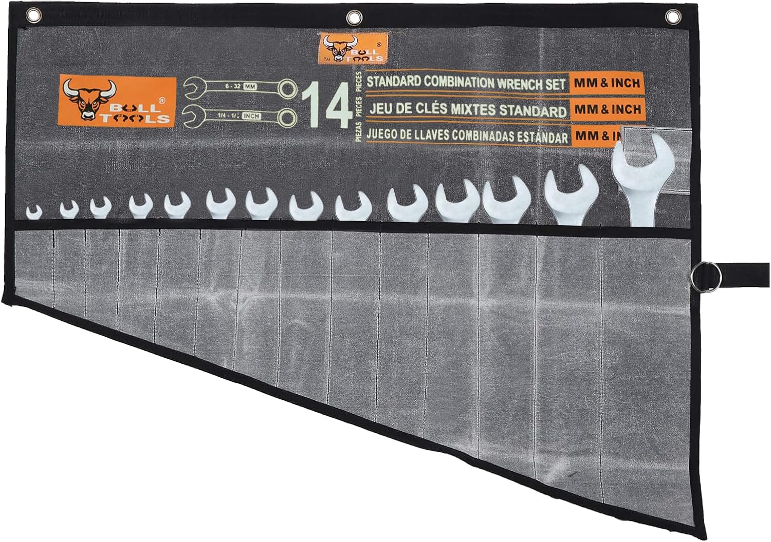 BULL TOOLS Tool Roll Organizer with 14 Pockets for Wrenches, Metric & SAE Durable Waxed Cotton Canvas, Roll-Up Tool Pouch for Mechanics, DIYers, & Electricians (Tools Not Included)