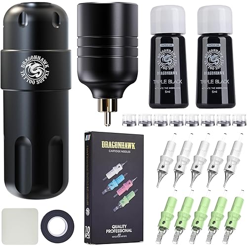 Dragonhawk Complete Tattoo Gun Kit Cordless Tattoo Machine Pen Kit Beginner Pro Tattoo Kit Cartridges Needles Coreless Motor 3.5mm Stroke Length