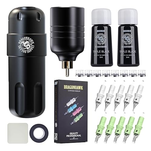 Miniatura 56 de Dragonhawk Kit de máquina de tatuaje de cartucho, máquina de tatuaje rotativa, aguja de cartucho, fuente de alimentación para artistas del tatuaje