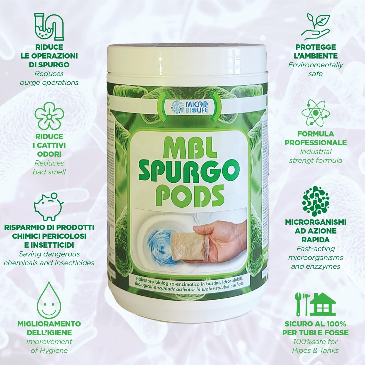 MBL SPURGO PODS gr. 700 – n. 20 bustine idrosolubili da 35 gr. (500 milioni di microrganismi per gr.) Attivatore biologico per il trattamento di fosse biologiche e per le tubazioni di scarico