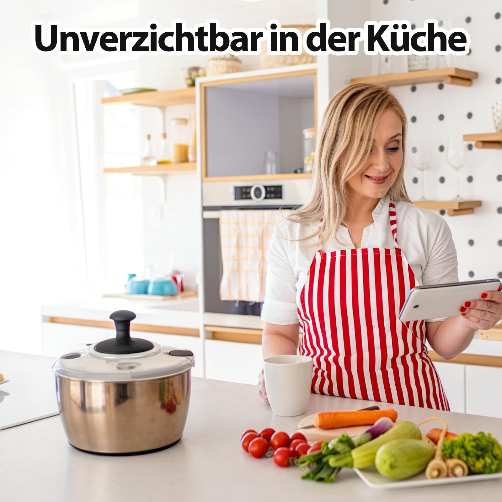 5L Salatschleuder, Salatschleuder Edelstahl, Salatschleuder Mit Deckel, Lebensmittelecht Edelstahl, Rutschfester Sockel, Effizient zur Salatzubereitung & Lebensmittelreinigung (Edelstahl 304)