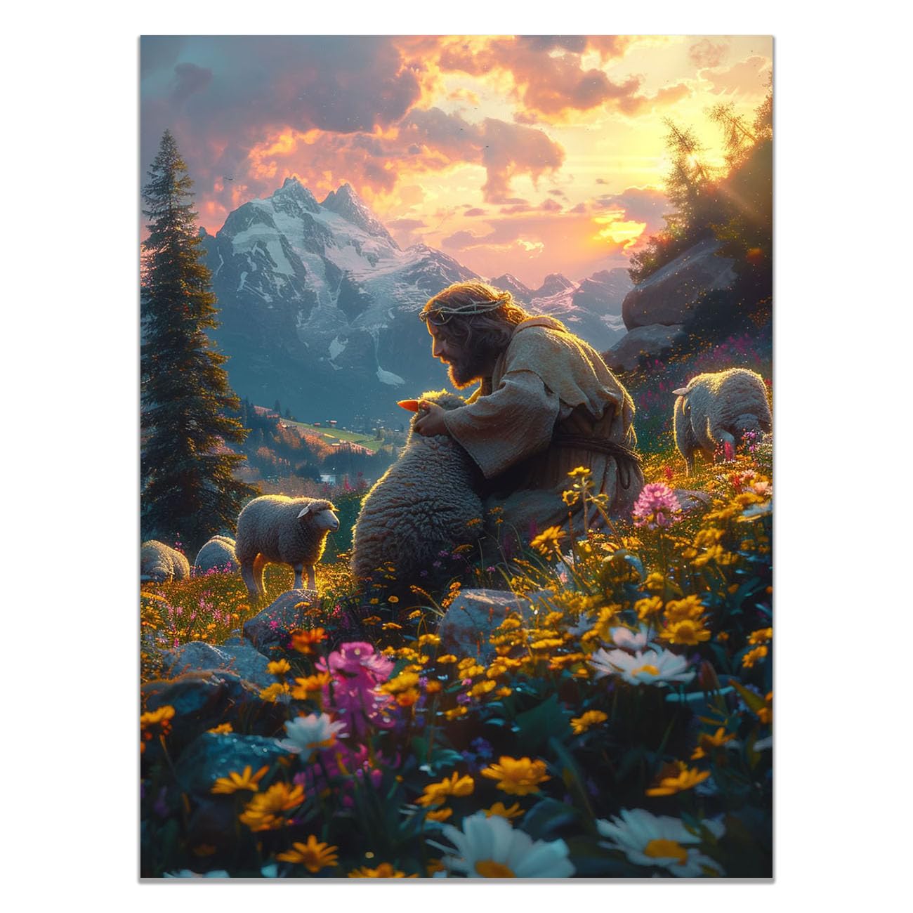 QUSAAOU Christian murals Jesus with Wildflowers Jesus canvas murals Canvas Wall Decor，Suitable for office,living room,bedroom and church decoration(yellow)-50x70cm Unframed