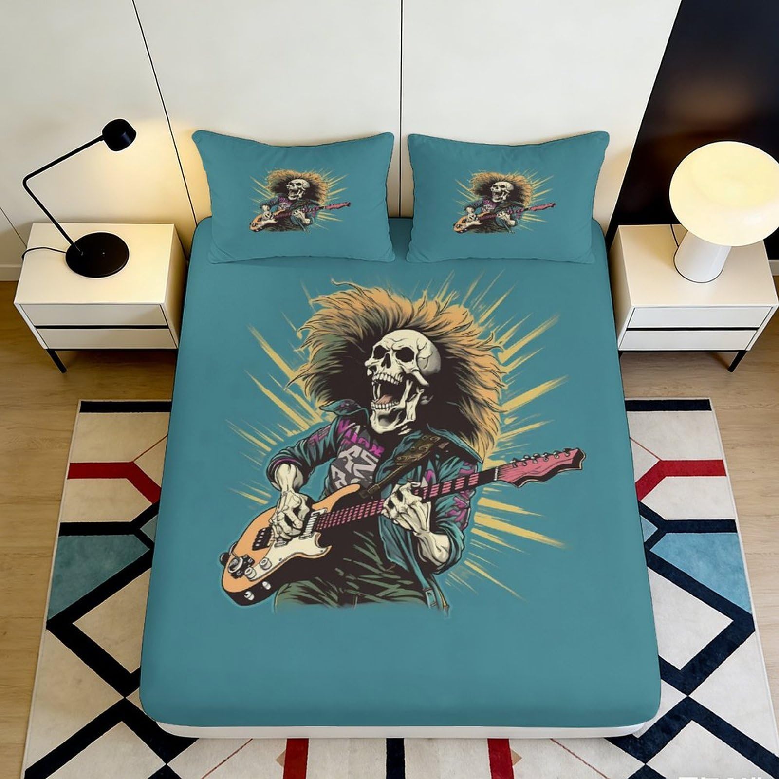 3D Printed Rock Guitar Fitted Sheet Microfiber Bedroom Decor Artistic Skull Bed Cover for Adults Teens Dorm 90x200x25cm