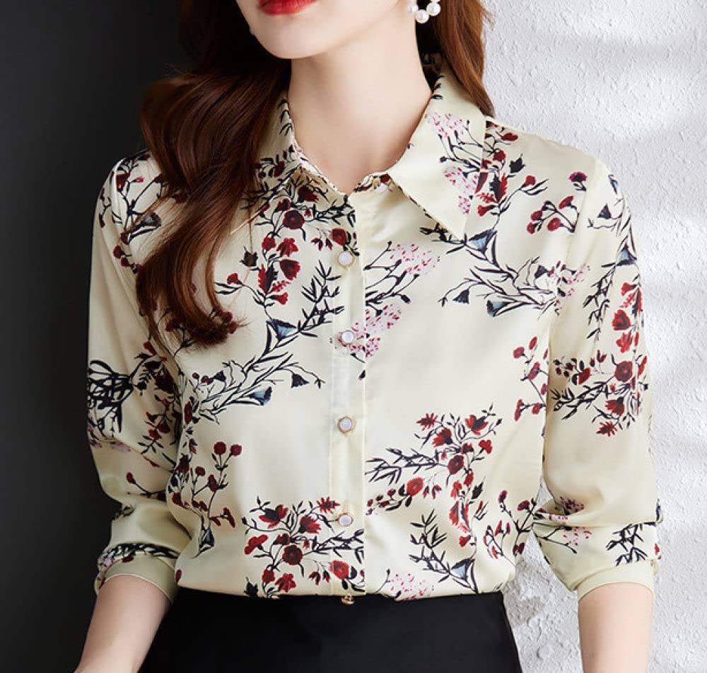 MIDJ Damenkorsett Mit Langen Ärmeln,Damen Gelb Floral Bedruckt Elegante Oberteile Shirt Weiß Satin Tunika Shirt Langarm Chiffon Bluse Shirt Lässige Büro Business Bluse Für Mädchen Damen