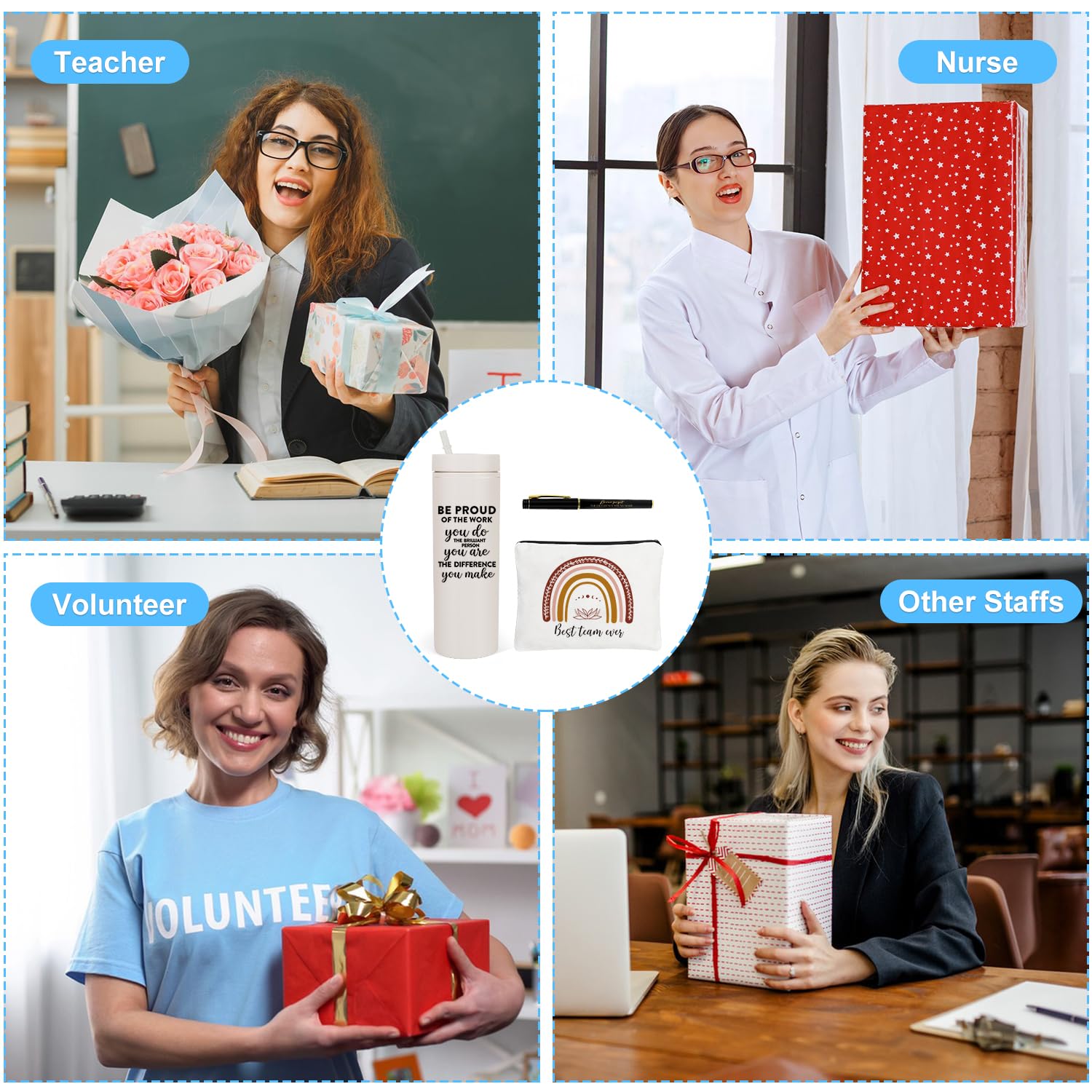iAOVUEBY 6er-Set Wertschätzungsgeschenke für Mitarbeiter, Weihnachtsgeschenke für Kollegen, Lehrer, Krankenschwestern, 473 ml, matt, inspirierend, schmal, Make-up-Taschen, Stift, Dankeschön-Geschenke
