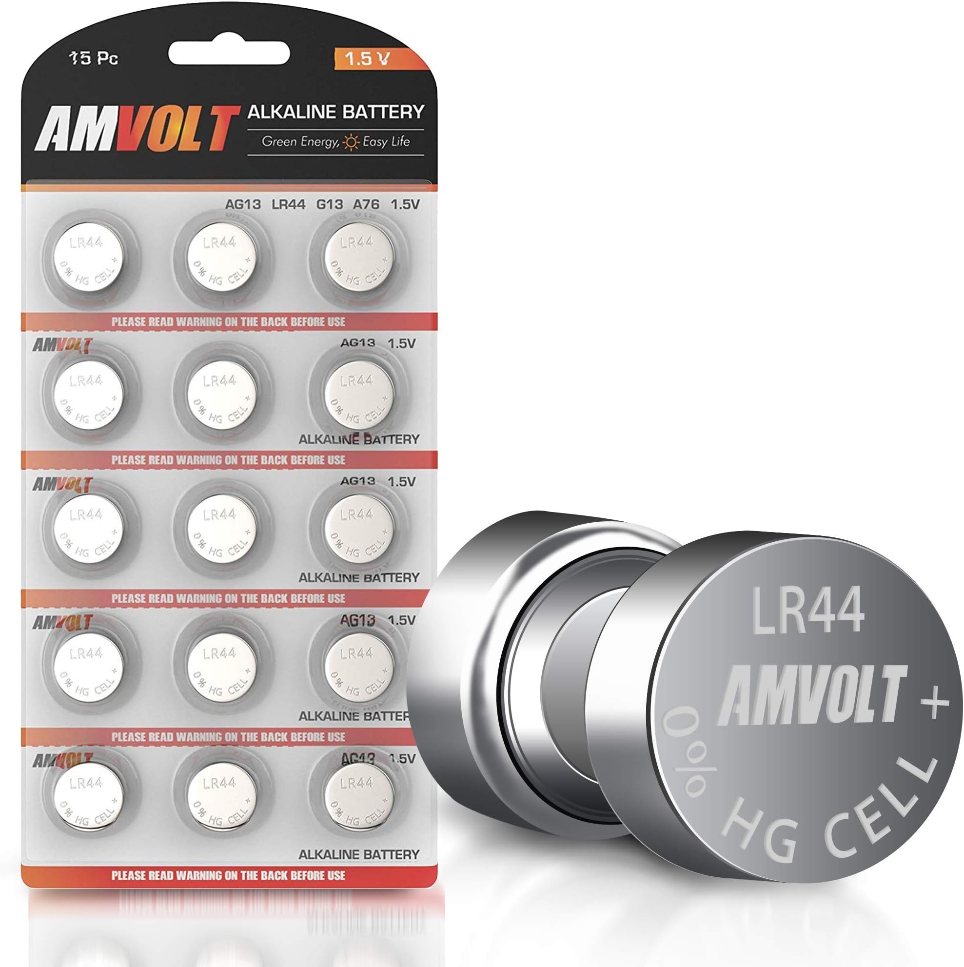 AmVolt LR44 AG13 A76, Alkaline 1.5V Non Rechargeable Round Button Battery for Watches Clocks (Pack of 15)