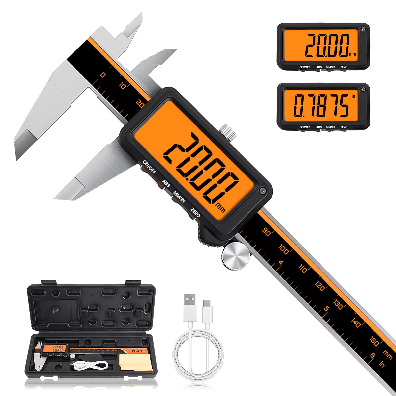 HARDELL Digital Caliper, Rechargeable Calipers with Large Orange Screen, Anti-Glare LCD & ABS Function, in/MM Caliper Measuring Tool, Stainless Steel