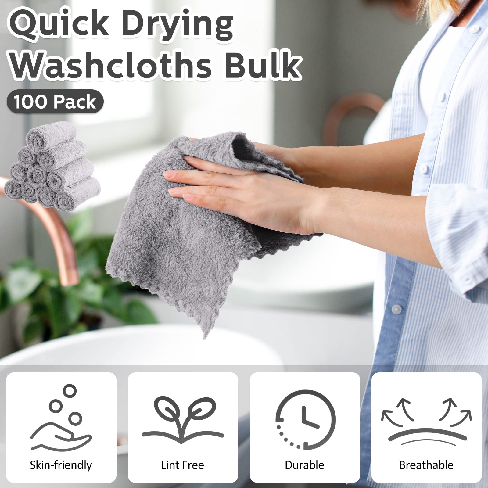 Newwiee 100 toallas de microfibra absorbentes a granel de 12 x 12 pulgadas, suaves de secado rápido, toallas de baño de terciopelo coral para baño, spa, toalla facial de dedos (gris)
