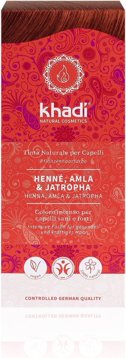 khadi HENNA, AMLA & JATROPHA plant hair color, hair dye for strong, dark deep red to striking, rich mahogany, 100% plant-based, natural & vegan, certified natural cosmetics, 100g