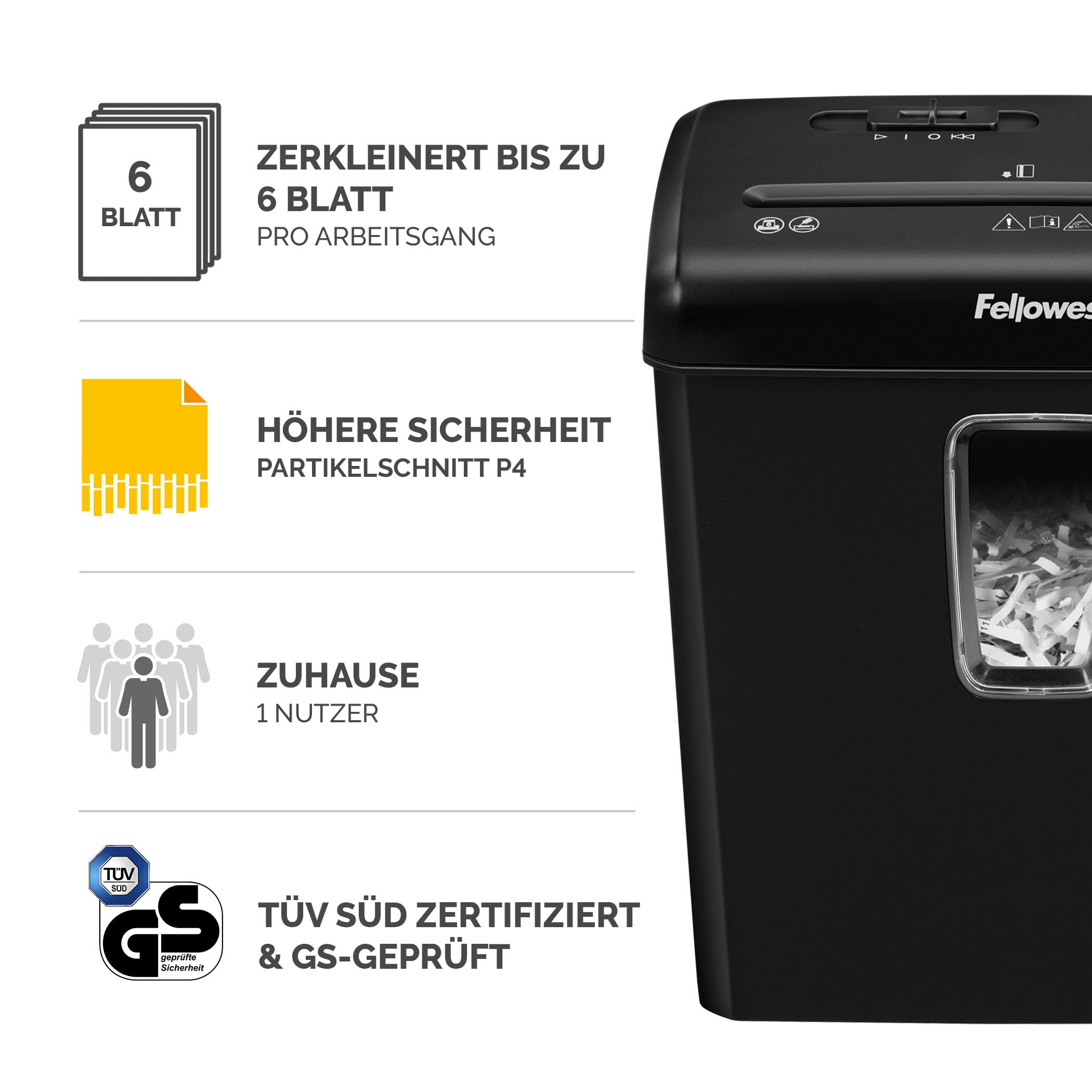 Fellowes Aktenvernichter 6 Blatt Partikelschnitt (P4), Papierschredder für Zuhause und Homeoffice, Powershred FS-6C, Schredder mit 15L Papierkorb, verarbeitet Kreditkarten, Heftklammern, schwarz
