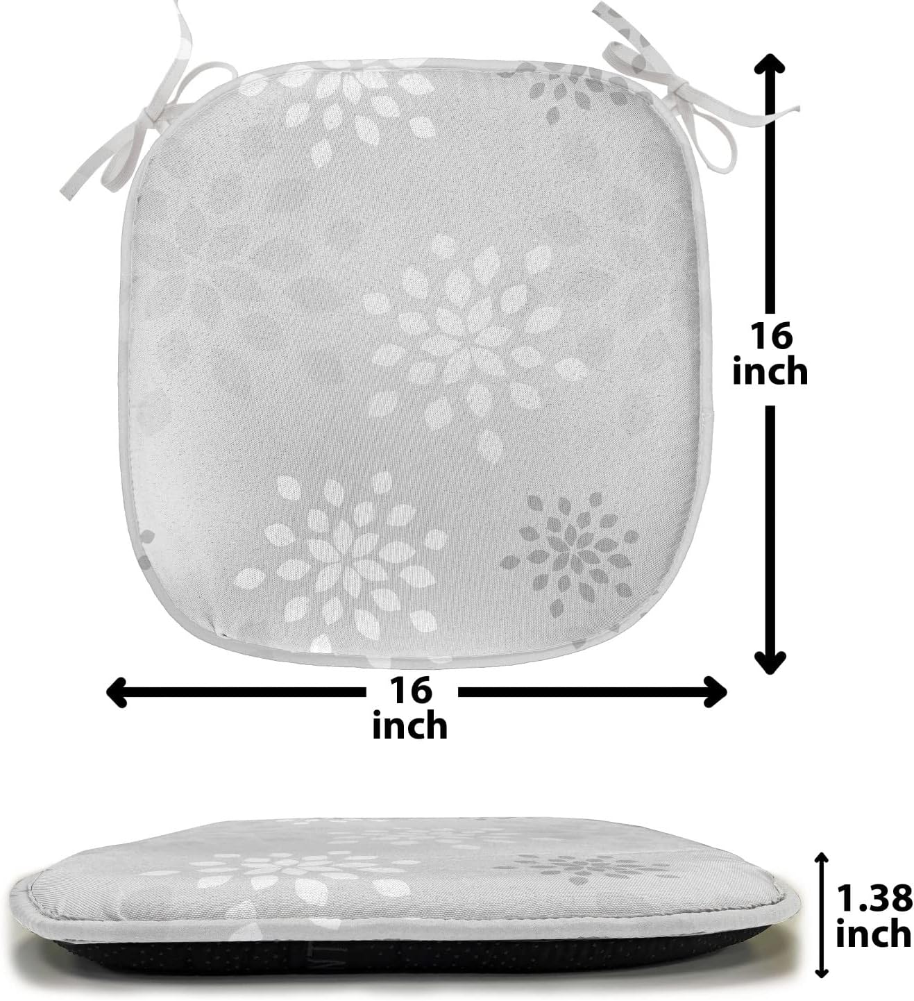 Lunarable Floral Chair Seating Cushion Set of 12, Flower Motifs with Soft Colors Japanese Type Vintage Patterns Graphic Print, Anti-Slip Seat Padding for Kitchen & Patio, 16"x16", Grey White