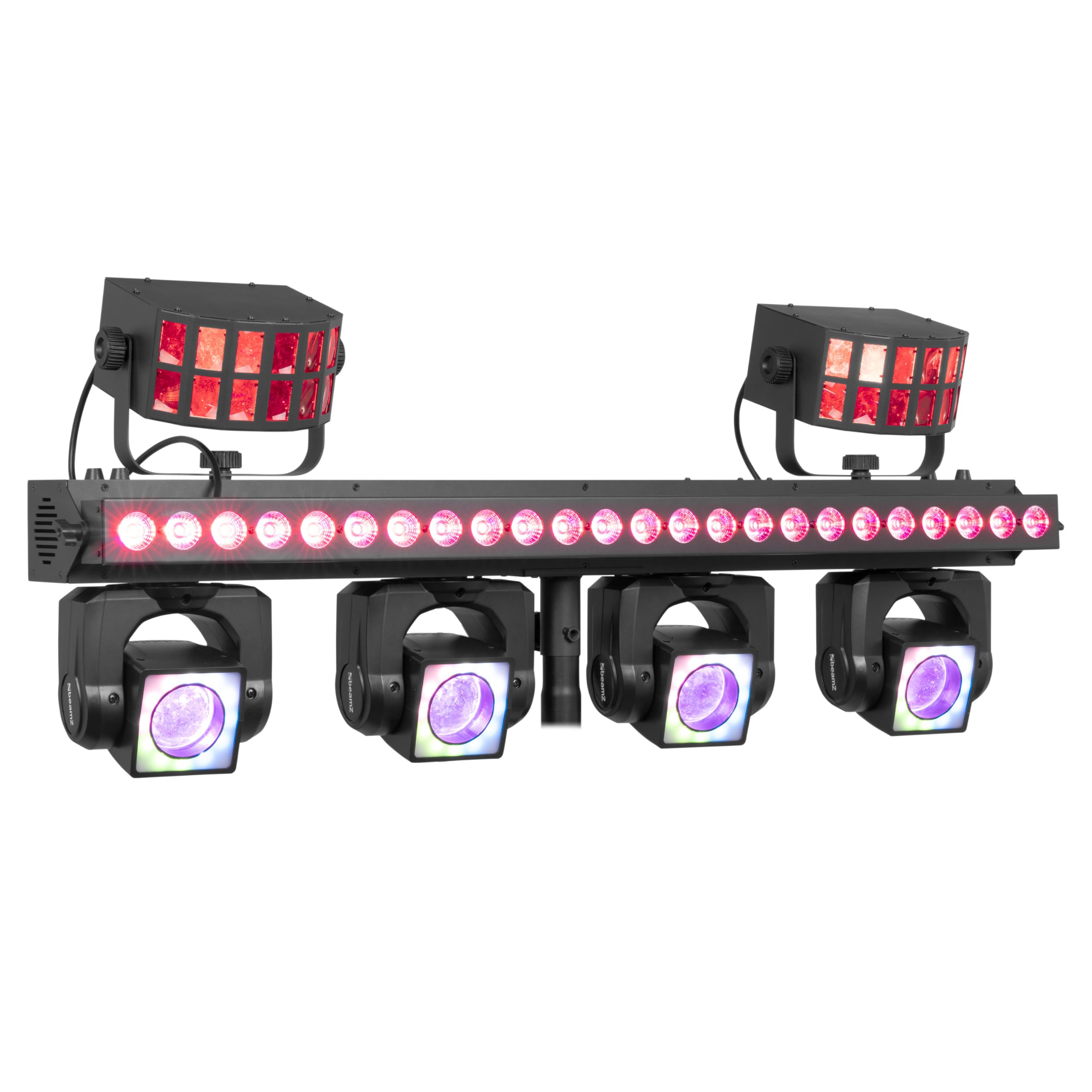 BeamZ ShowBar GO Ultra - LED Partybar, 4x Moving Head, LED Bar Wash Stroboskop, 2x Derbys - DMX Discolicht Partylicht Anlage, Disco Light DJ Equipment - Musikgesteuert, Fernbedienung & Halo-Ring