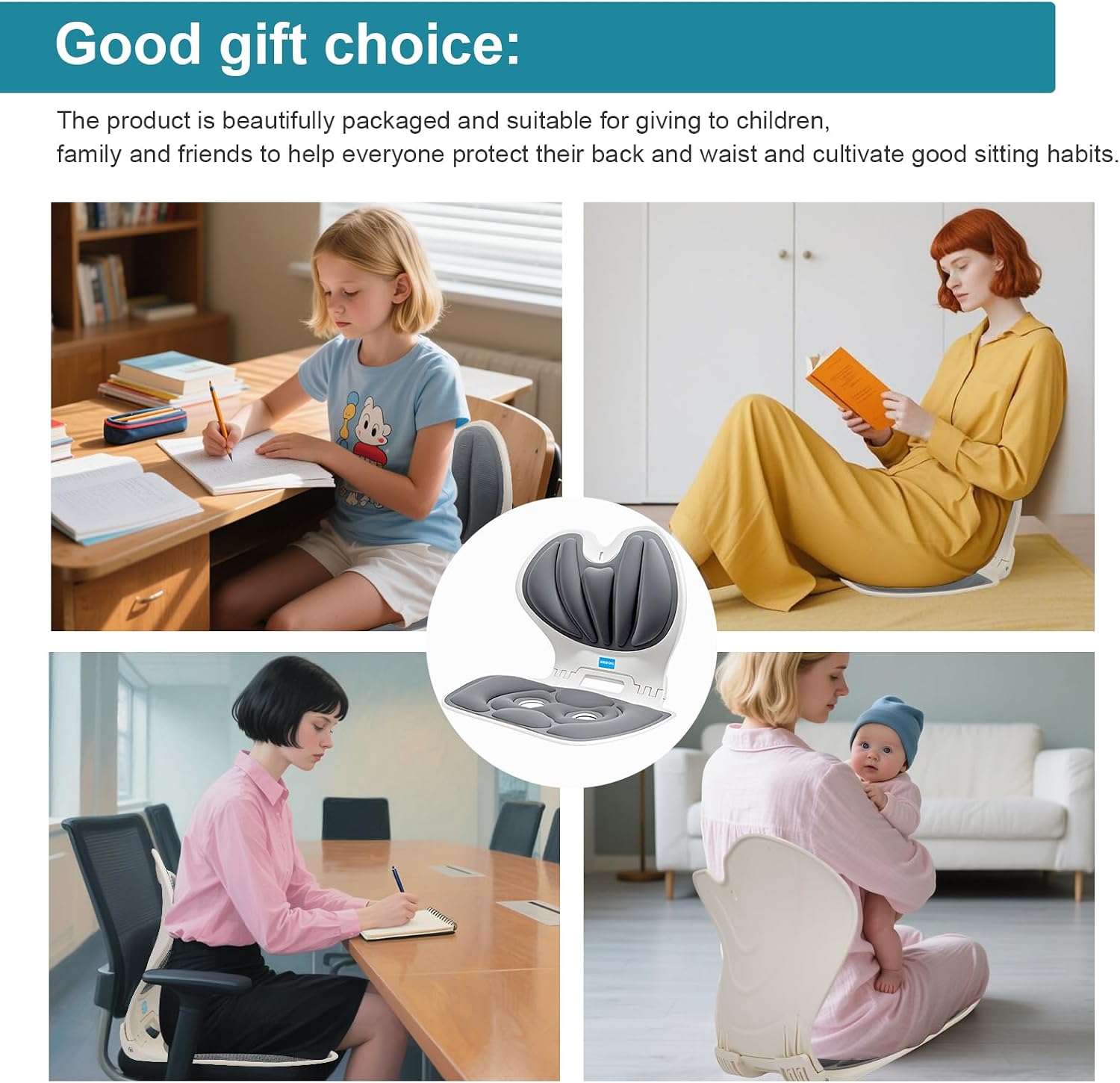 Ergonomic Foldable Lumbar Support Chair for Posture Correction & Back Pain Relief - Compact Floor Seat for Office Work, Homework, Study - Space-Saving Design Ideal for Kids, Teens, Youth (Grey Blue)
