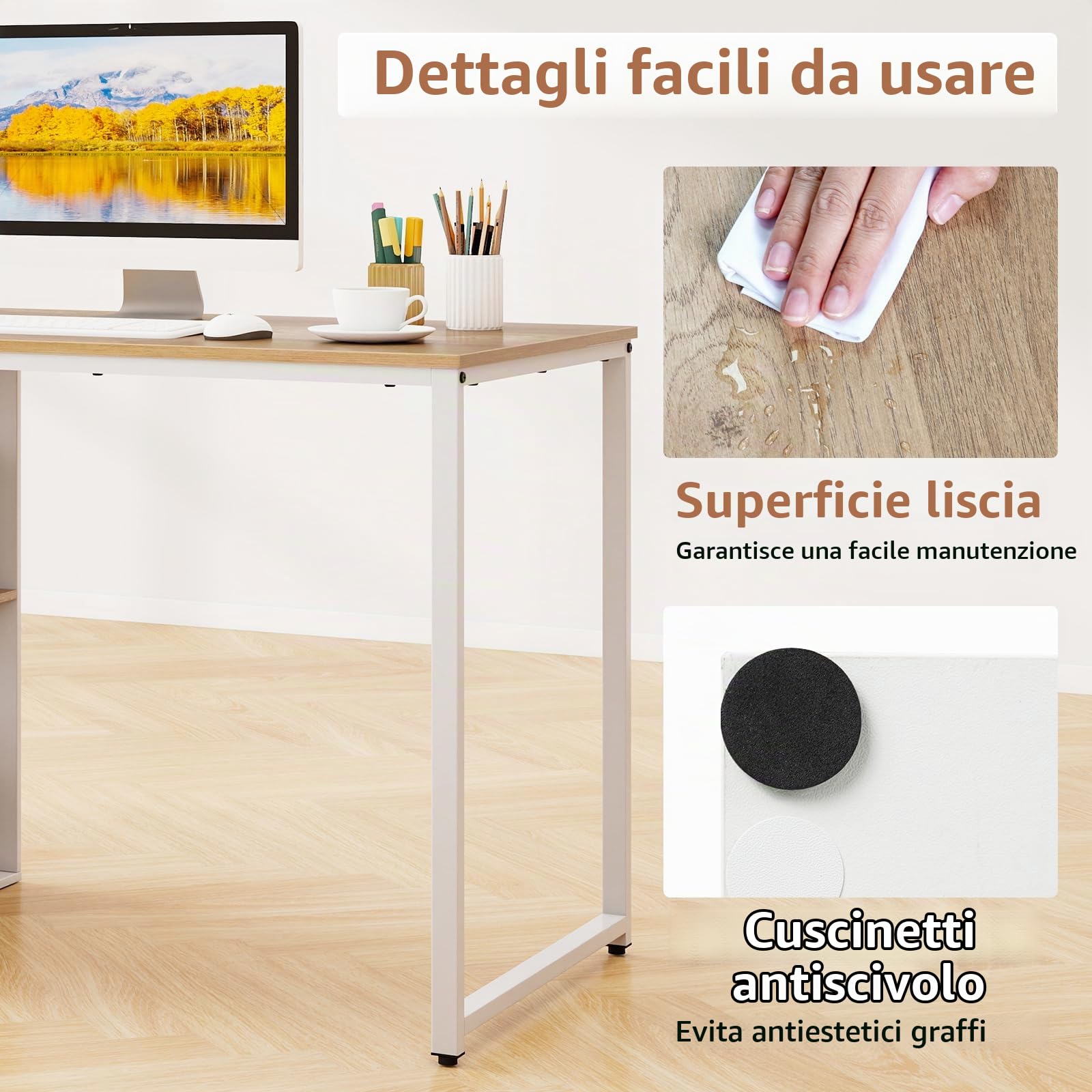 FANTASK Scrivania, 115 x 59 cm, scrivania per computer con vano portaoggetti e telaio in metallo, moderno tavolo da ufficio con 5 ripiani, tavolo per PC per camera da letto, studio (naturale + bianco)