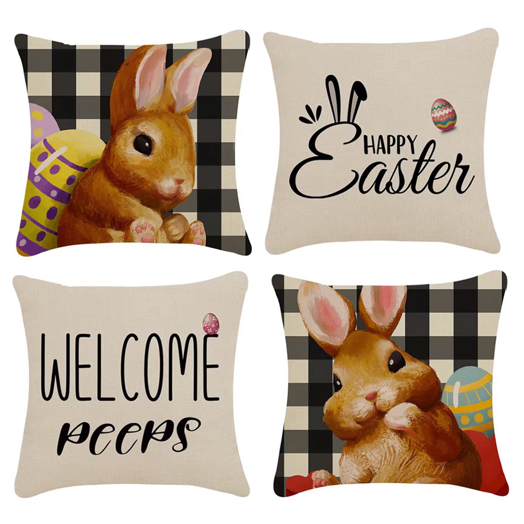 2CFUNEaster Pillow Covers Spring Decoration for Home Happy Bunny Buffalo Plaid Throw Pillows Farmhouse Decor 18" x 18" 4 Pcs