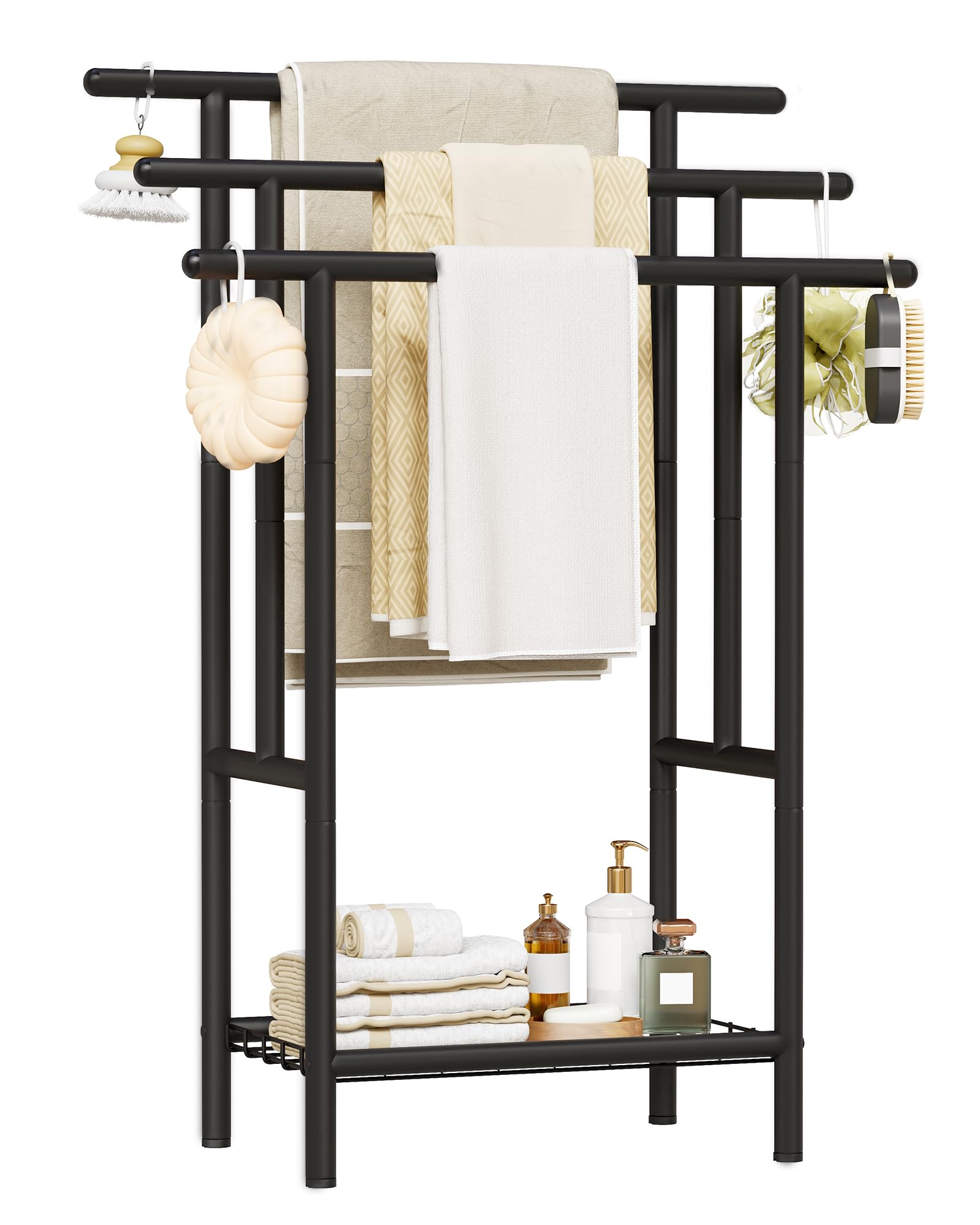 BEWISHOME Porte Serviette Salle de Bain,Porte-Serviettes sur Pied,avec 3 Barres et Étagère,Porte-Serviettes Moderne,pour Serviettes de Bain, Serviettes,Couvertures,100×60.5×30.5 cm,Noir,EJMJ02B