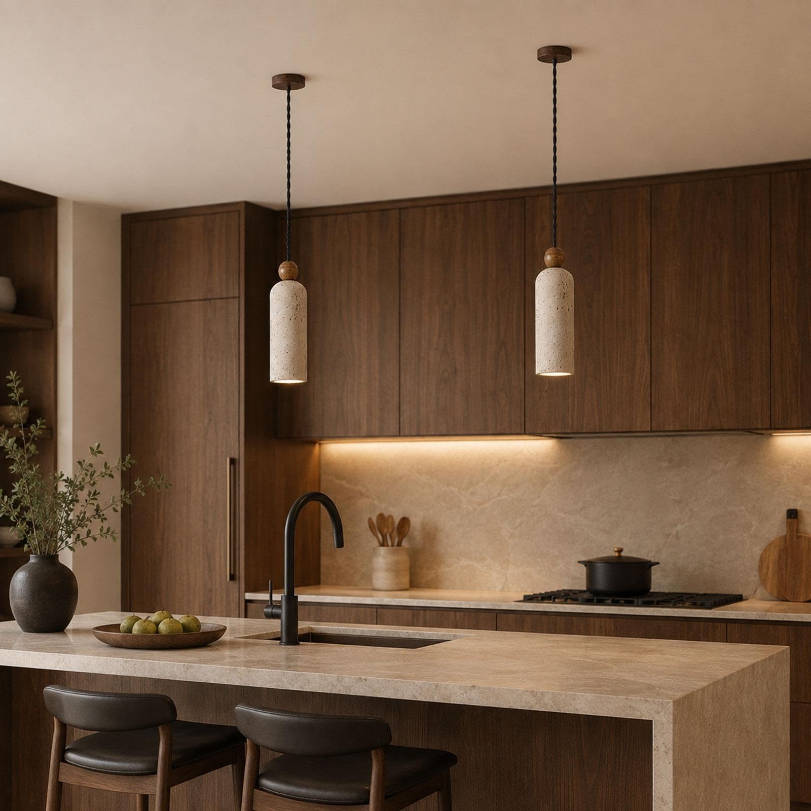 Lámpara colgante cilíndrica moderna de piedra con detalles en madera maciza