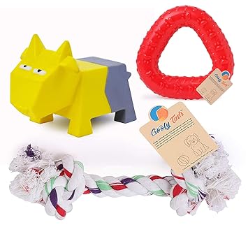 Goofy Tails Comic Farm Dog Toy for Puppy | Squeaky Toy for Dogs | Trio Ring Rubber Chew Toy for Dogs | Cotton Toys for Puppies | Puppy Toy Combo | Small/Medium Breeds (Sheep)