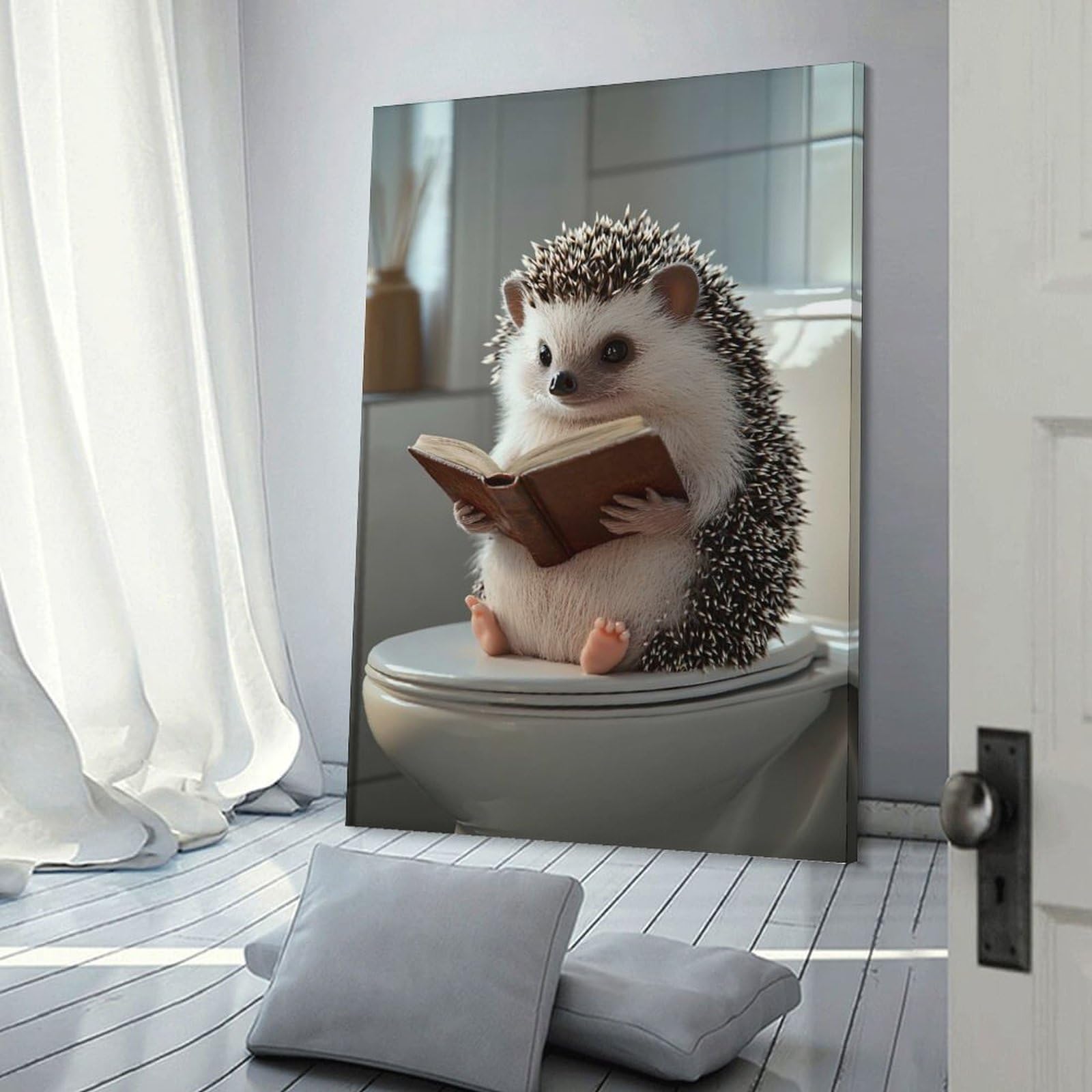 Junmoney Canvas Wall Decor Hedgehog Reading A Book on Toilet, 20x30inch(50x75cm), for Lounge Decor, Bedroom Walls Or Flats, Eye Catching Artwork for Blank Walls