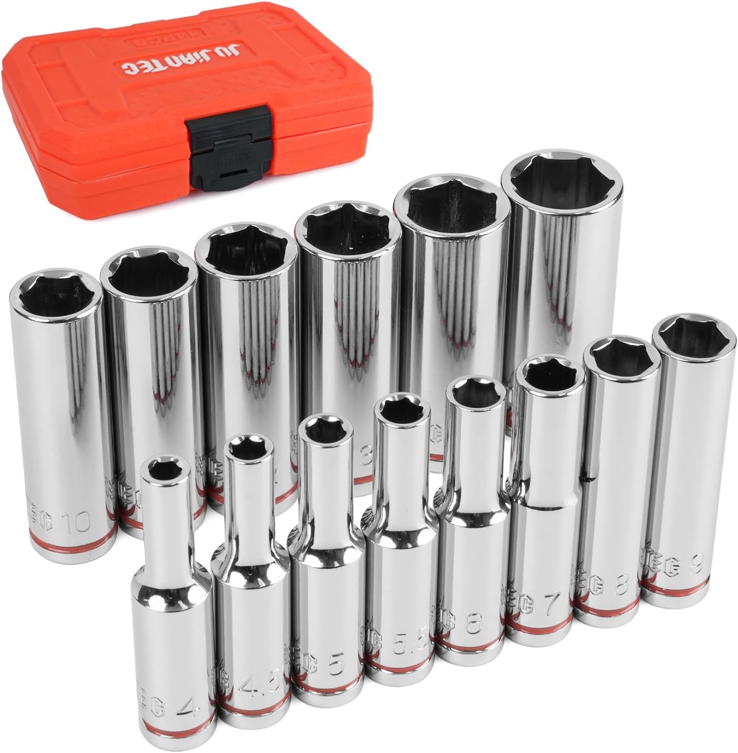 1/4" Drive Metric Master Socket Set, 14-Piece Deep Hex Socket Set (4mm-15mm), Cover Most Commonly Sizes, 6 Point, Chrome Vanadium Steel with Molded Case