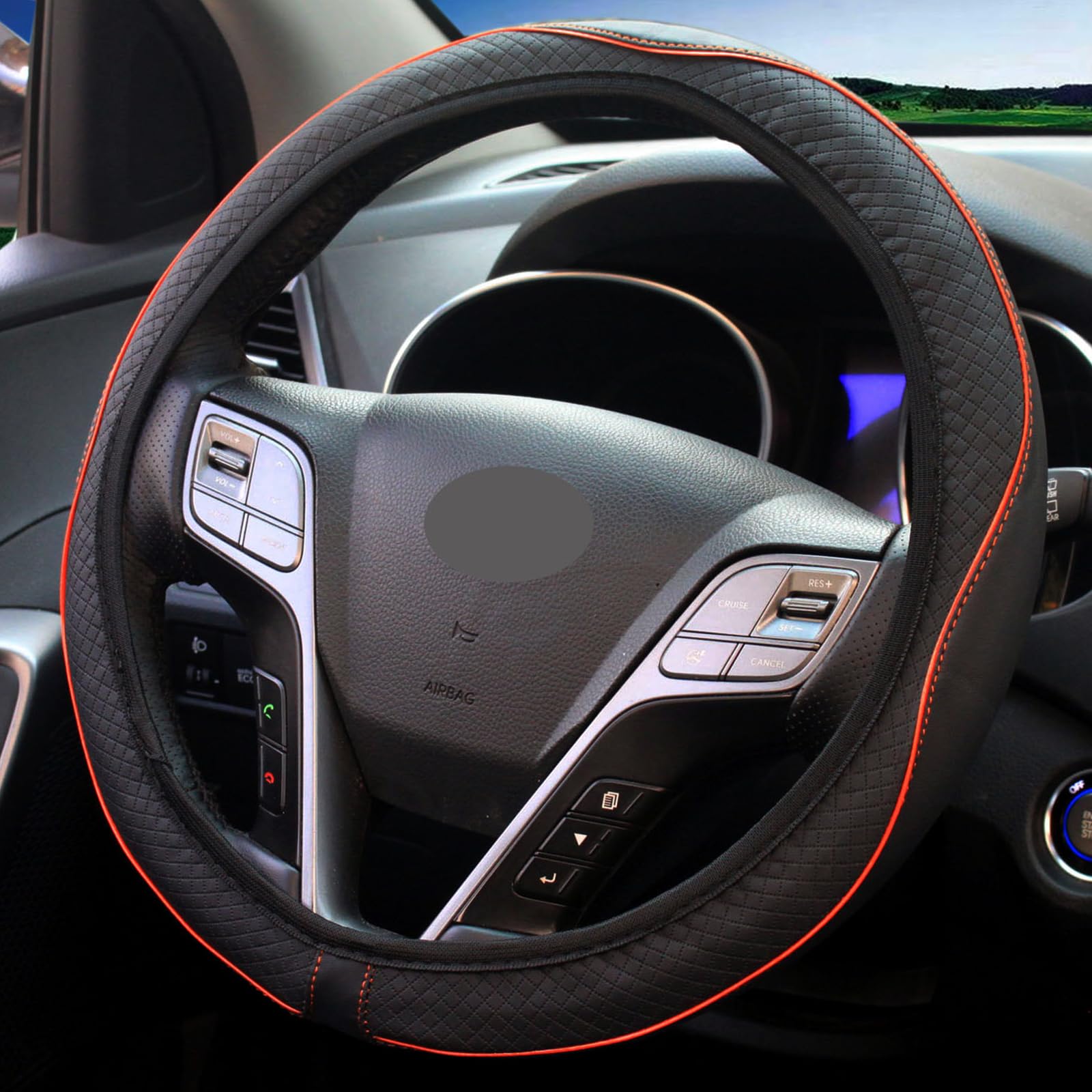 Photo 1 of Leather Car Steering Wheel Cover with Sports Style Pattern, Breathable Universal Stretchy Steering Wheel Protector for Women and Men, Anti-Slip Steering Wheel Cover for Most Vehicles Orange