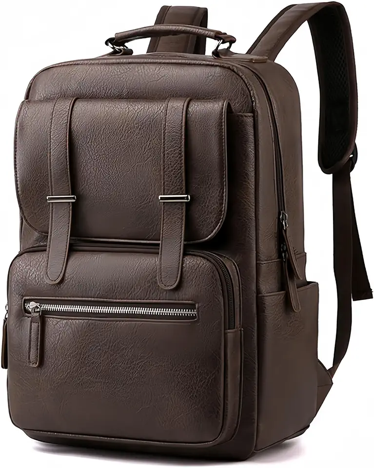 Mochila de Couro Sintético para Adulto, Cabe Notebook de 15,6 Polegadas