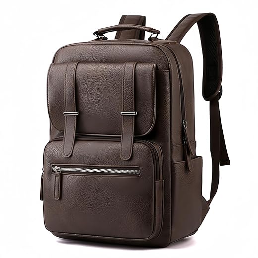 Mochila de Couro Sintético para Adulto, Cabe Notebook de 15,6 Polegadas
