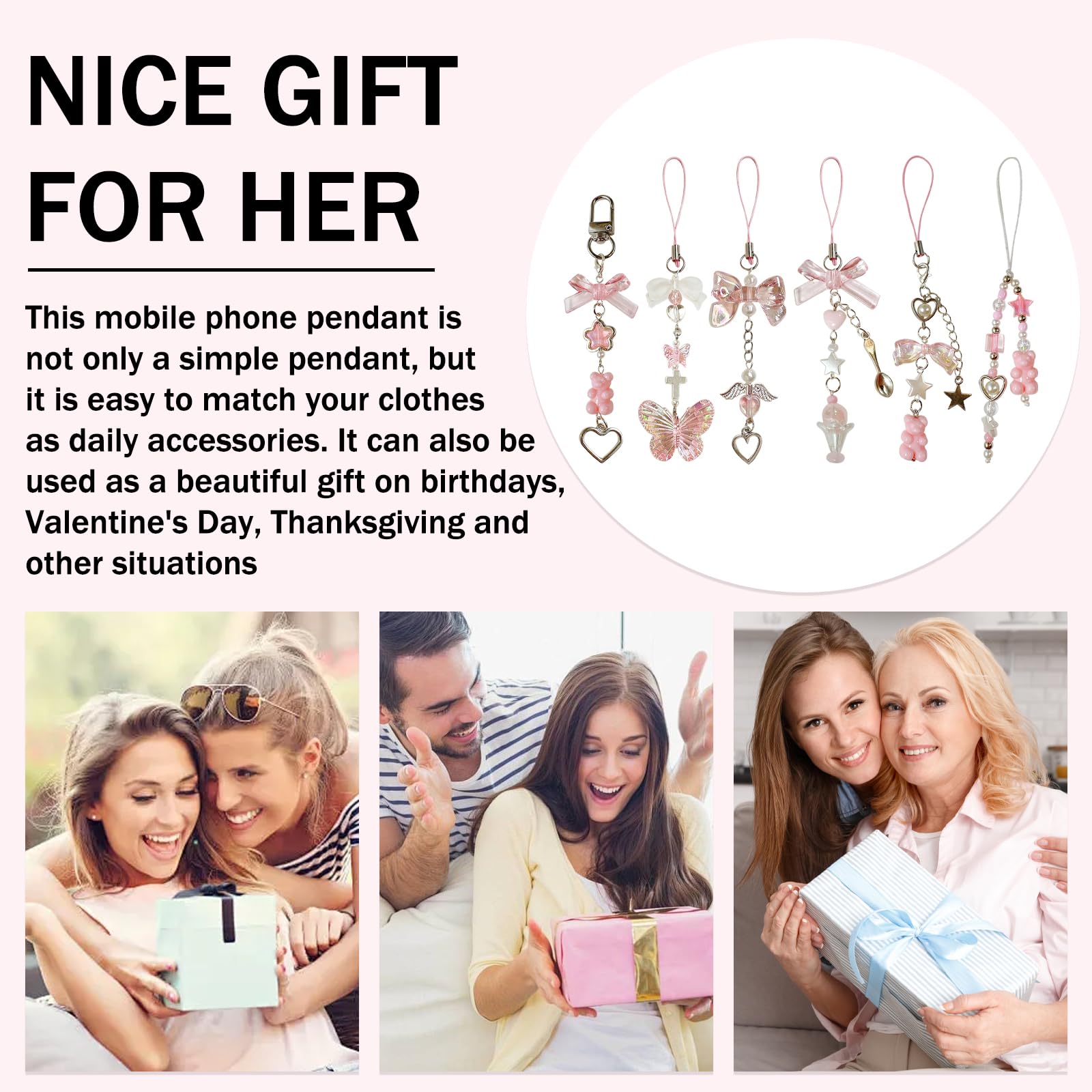Pendentifs Y2K pour Téléphone Portable 6 Pcs, Kawaii Noeud Papillon Chaîne Anti-Perte