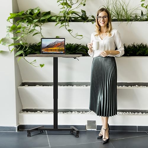 Miniatura 2 de Escritorio de pie ajustable para laptop de 28 pulgadas de altura con ruedas, ajustable para portátil, carrito de escritorio móvil (madera)
