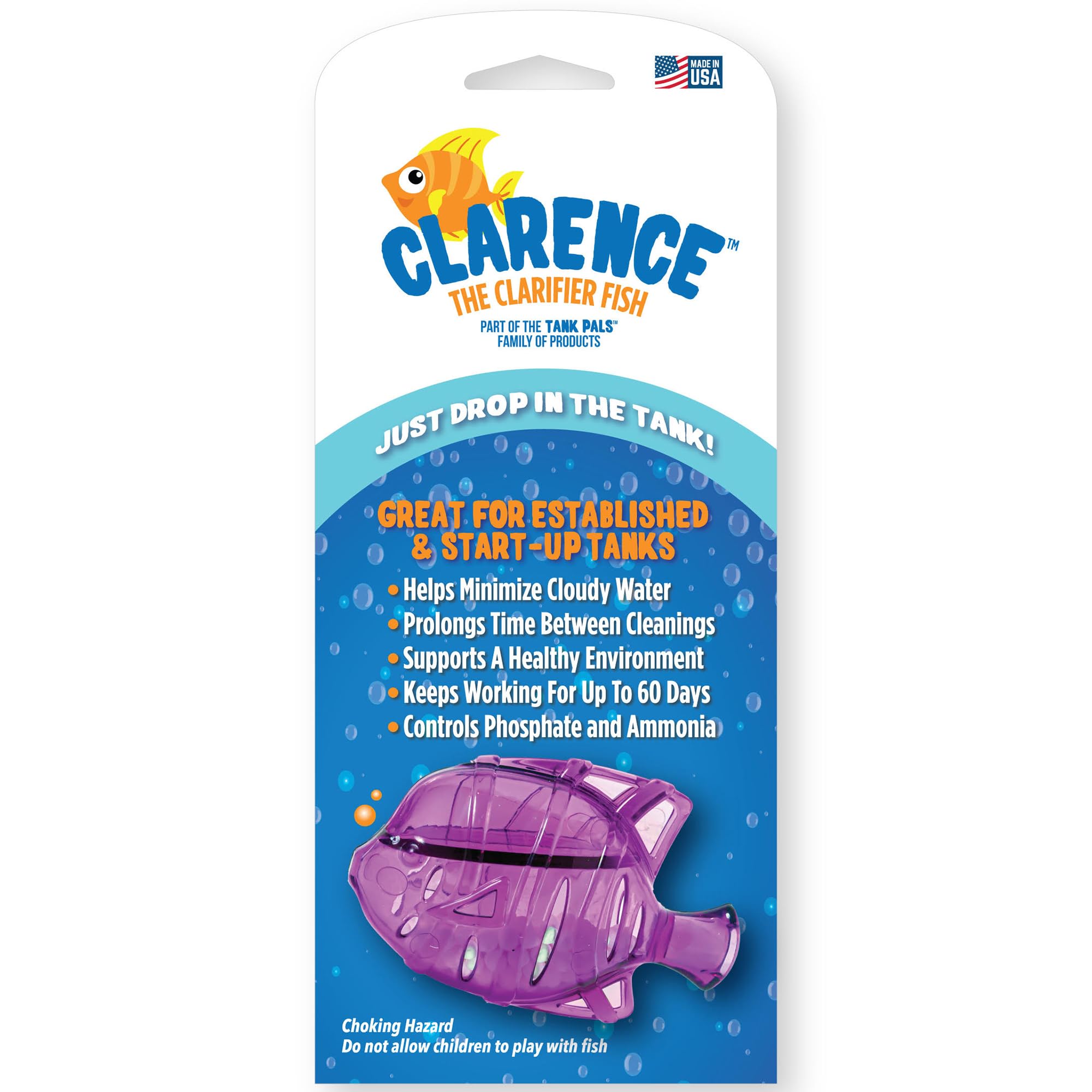 Clarence the Clarifier Fish - 1 pk, Purple - Aquarium Treatment, Clear Cloudy Fresh-Saltwater, Fish-Plant Safe, 10gal Tank Maintenance Each