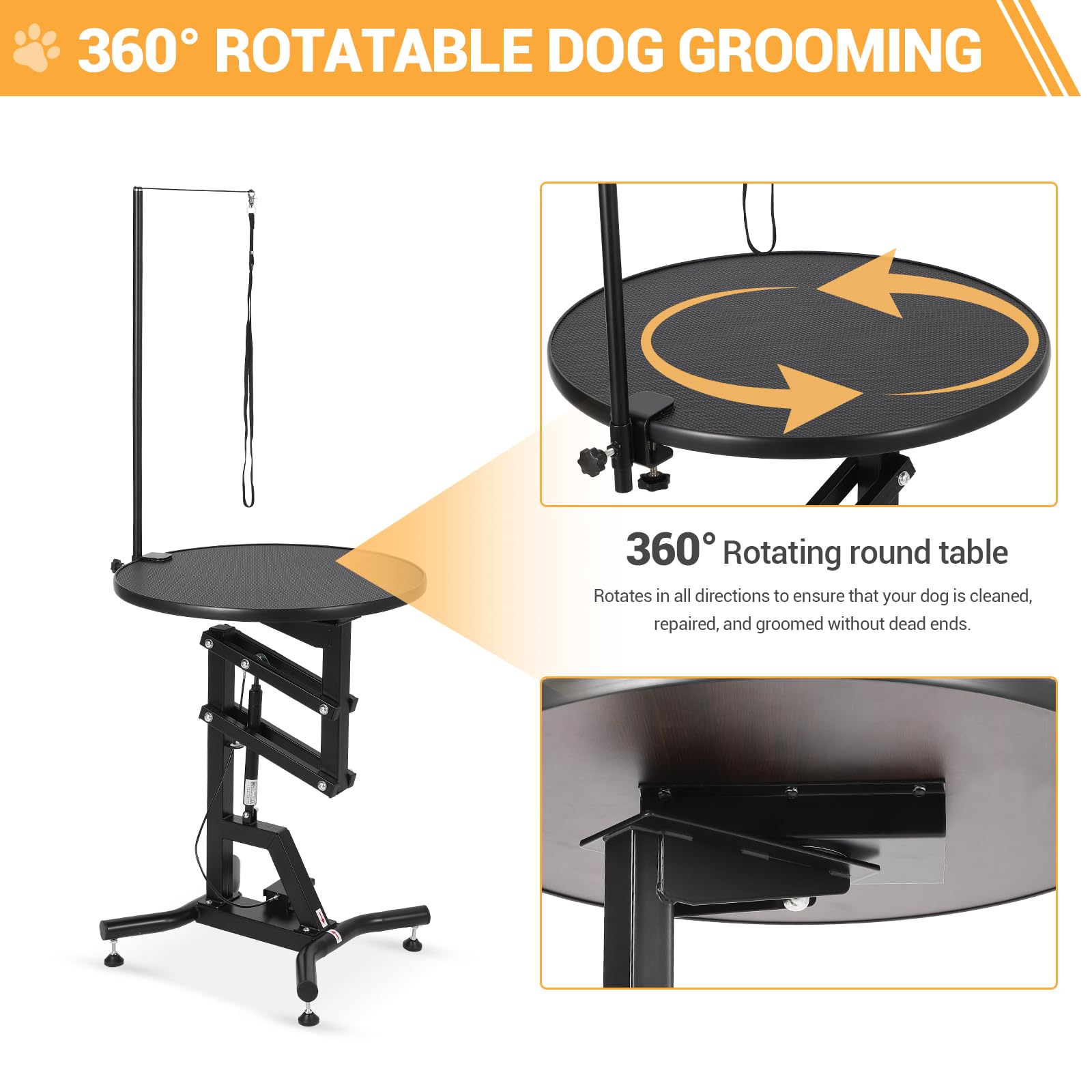 Tavolo da toelettatura per cani con sollevamento idraulico resistente, girevole a 360°, parte superiore antiscivolo, altezza regolabile (71-104,5 cm) con braccio sopraelevato e fermi di sicurezza