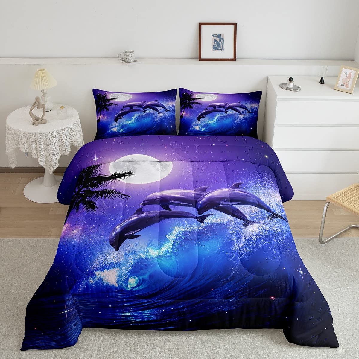 Castle Fairy Dolphin Comforter Set Queen Size,Ocean Waves Bedding Set Kids Young Man,Moonlight at Night Comforter for Teen Child Room Decor,Starry Sky Stars Quilted Duvet Set with 2 Pillowcase