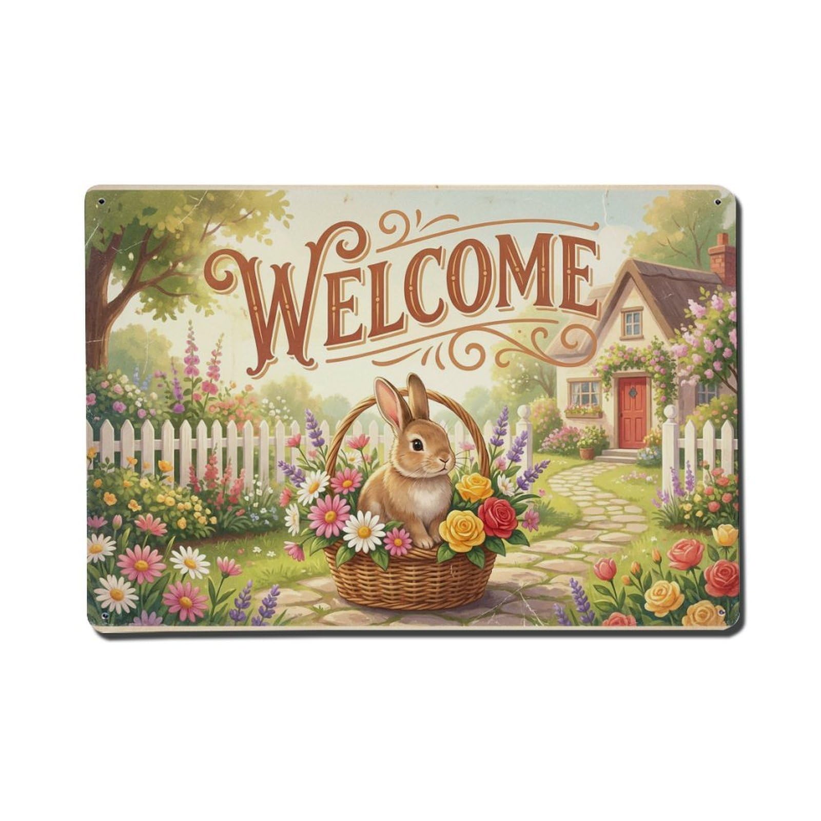 Vintage Welcome Rabbit Flower Basket Metal Tin Sign