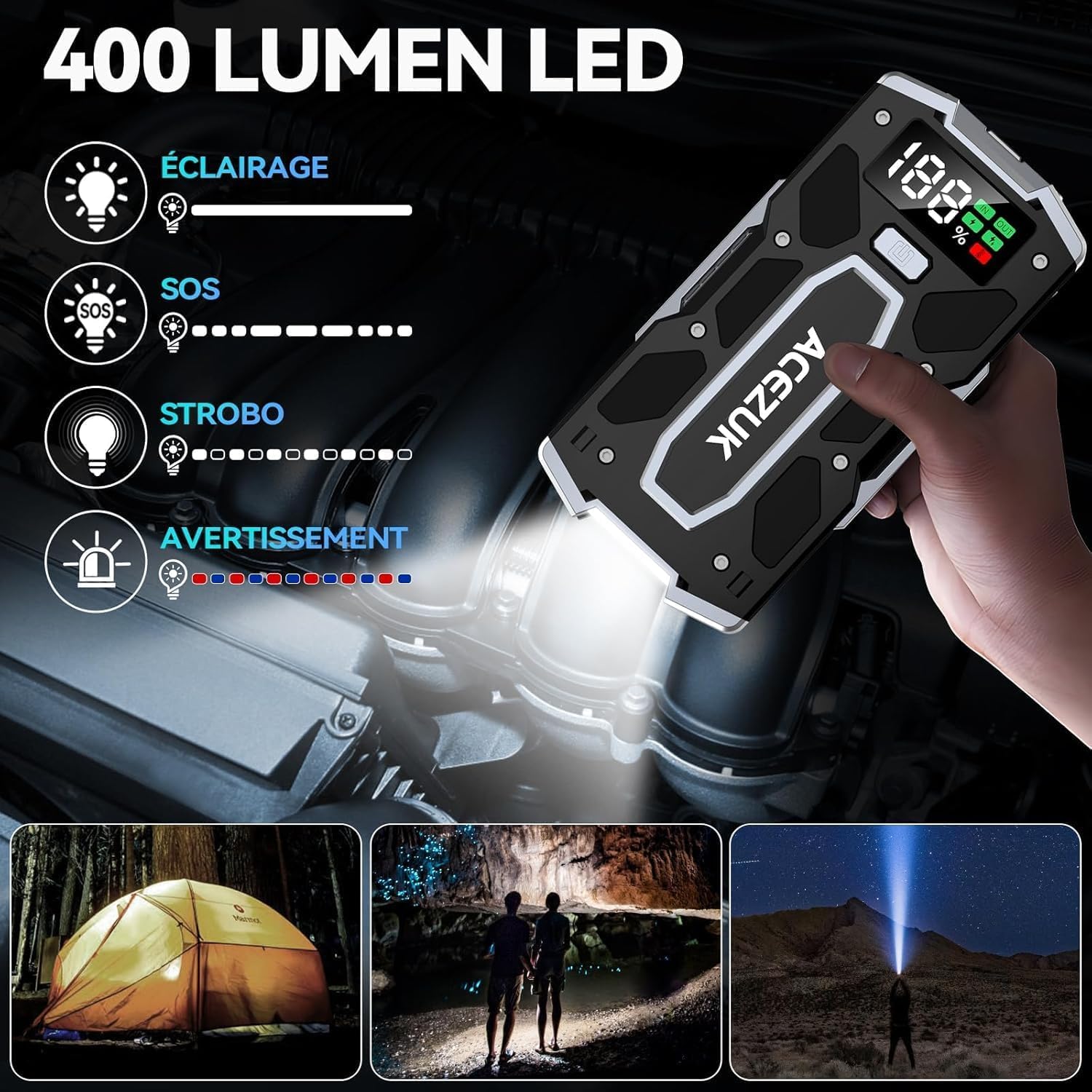 ACEZUK Booster Batterie Voiture 9000A, Démarreur de Batterie de Voiture Portable(Jusqu'à 8.0L Diesel ou 10.0L Gaz), 12V Jump Starter, Pinces Intelligentes avec Écran, Lumière LED, Port de QC3.0