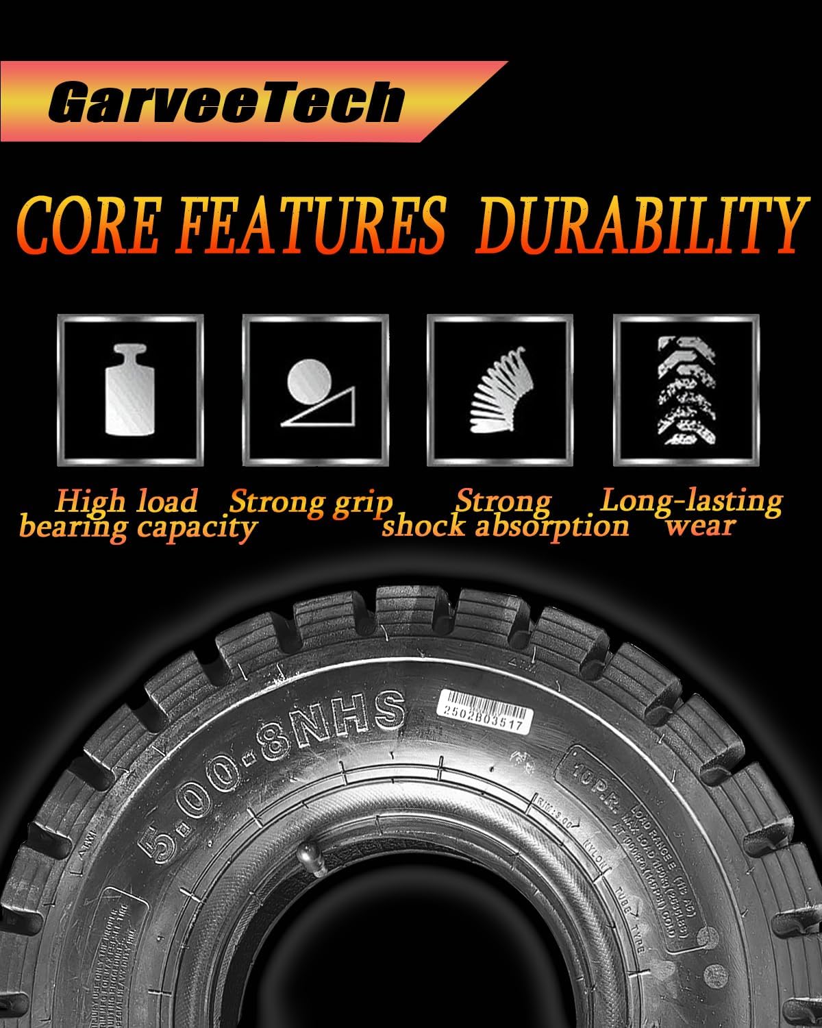 GarveeTech Set of Two 5.00-8 in Heavy Duty Forklift Tire 10 PLY with Tube Flap - Tube Type, 5.00 x 8 Durable Industrial Forklift Tires