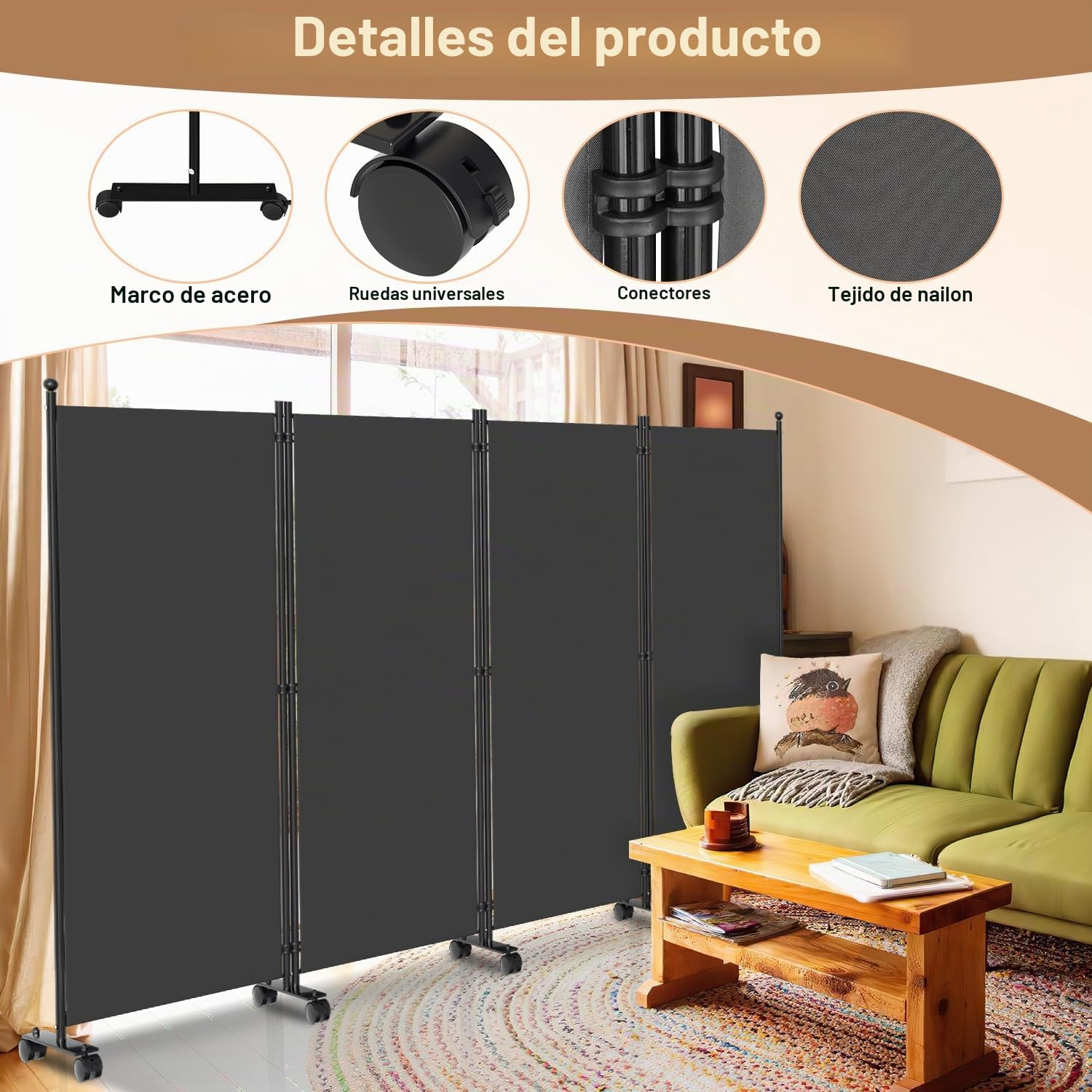 Paravientos con ruedas, flexible de 4 partes, protección de privacidad, 228x181cm ajustable, protección contra el viento, separador de espacios para jardín, muebles de baño, oficinas